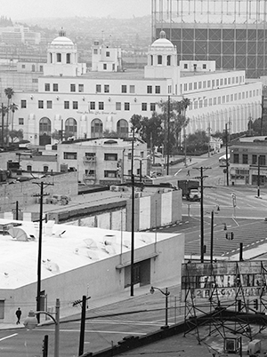 View of Los Angeles facing southeast towards the post office. Various buildings appear in the foreground.