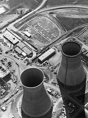 Aerial view of the cooling towers of the Rancho Seco Nuclear Power Plant