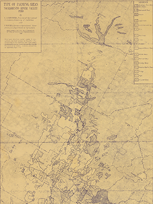 A map of the Sacramento Valley, extending from Redding to the north and Lodi to the south. A key interprets the different crops and livestock grown in the area.